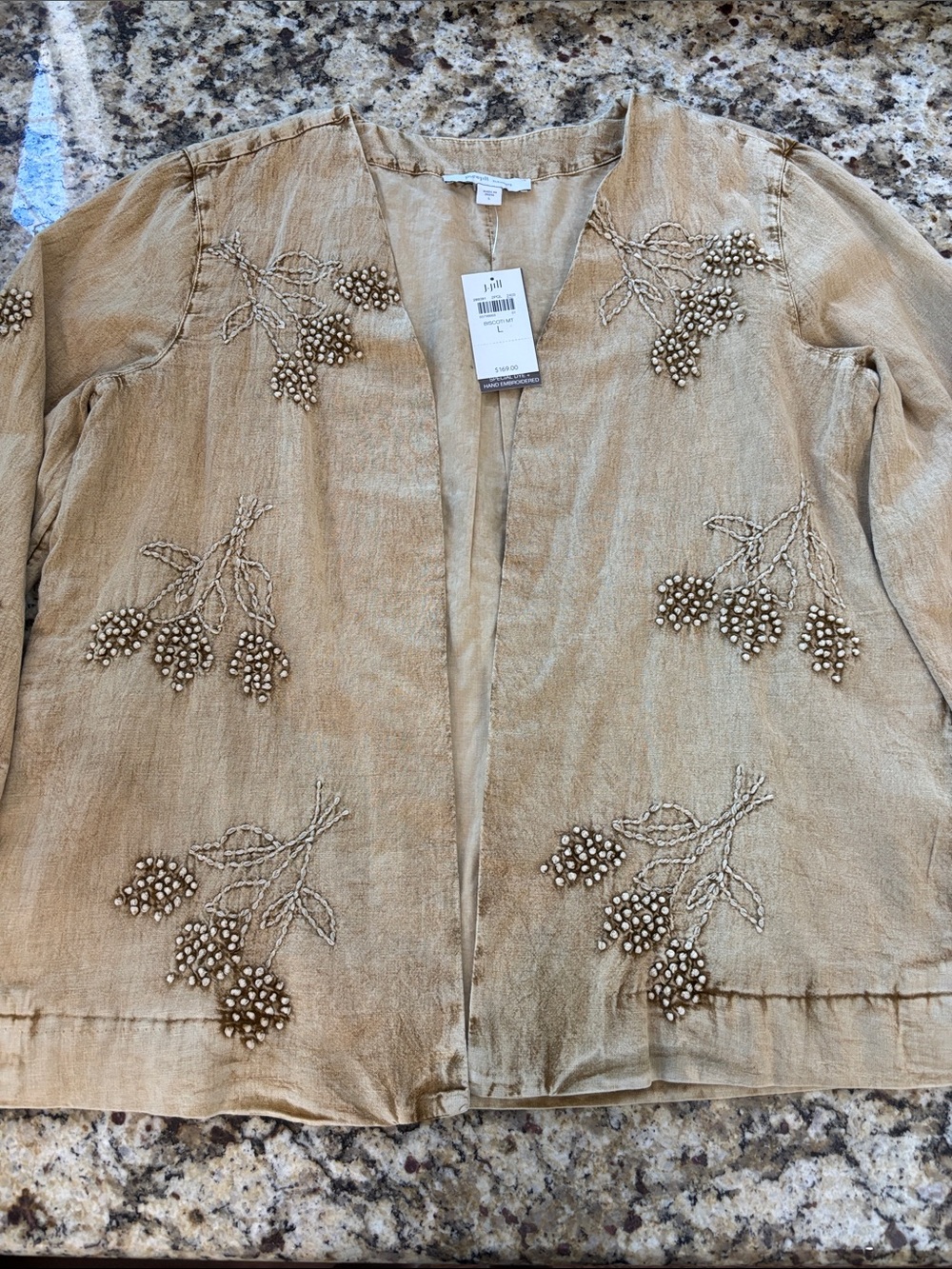 J. Jill Taupe Beaded Linen-Blend Open Front Jacket